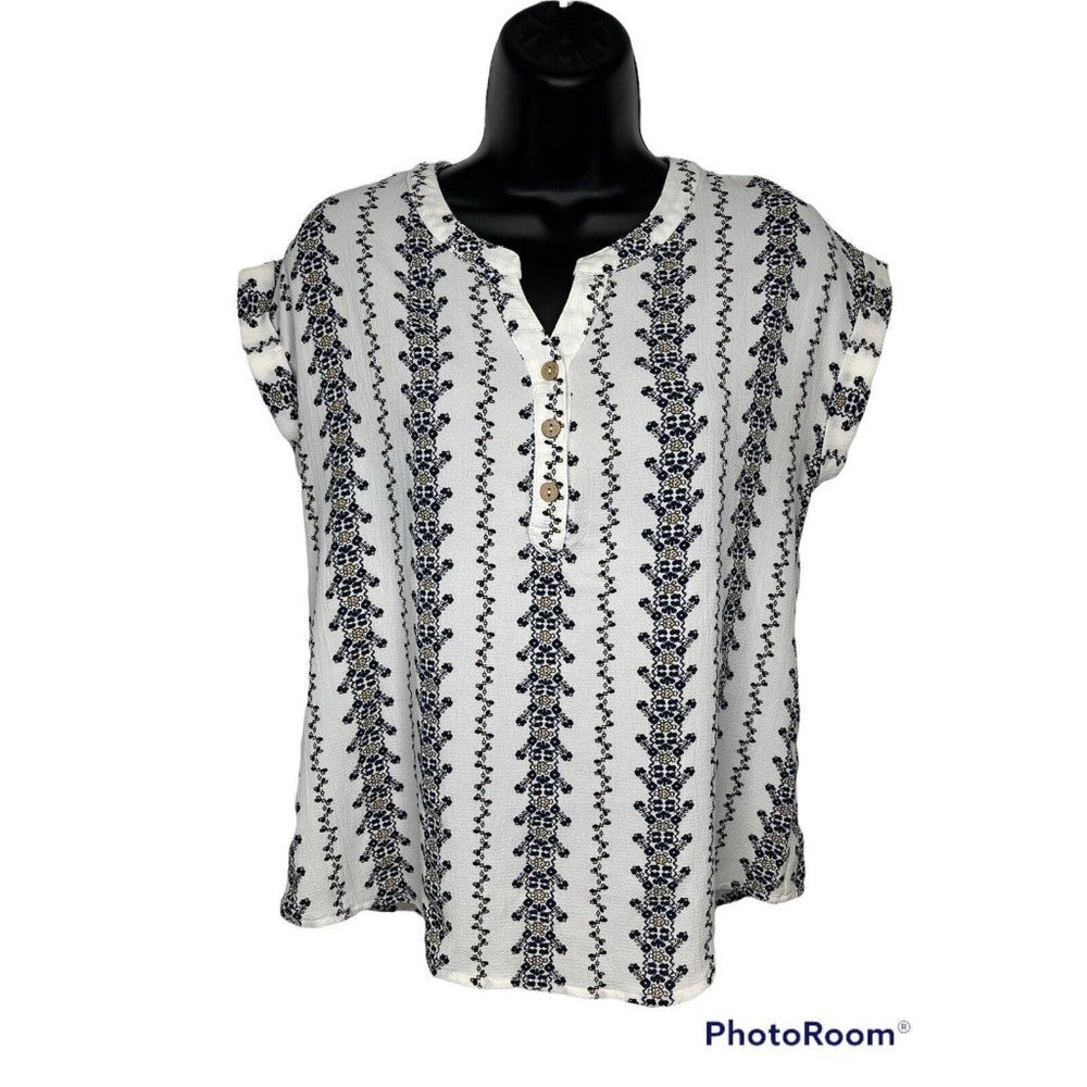 Mine Women's Blouse  Top Cap Sleeves V-Neck Ruffles Casual Floral Beige Size S